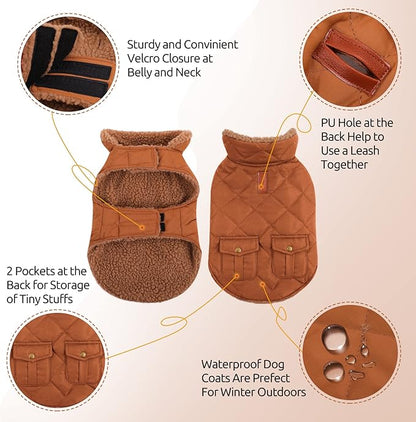 Queenmore Warm Puffer Dog Coat, Quilting Winter Jacket Ultra Thick Plush Lining with Storage Pockets (Brown, Small)