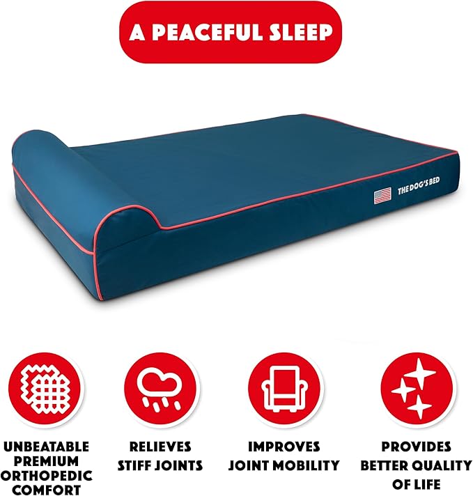 The Dog’s Bed Orthopedic Headrest Dog Bed XXL Blue Oxford with Red Trim US Flag, Memory Foam, Hip & Elbow Dysplasia, Post Surgery, Lameness, Waterproof Washable Cover, Veterinary Approved