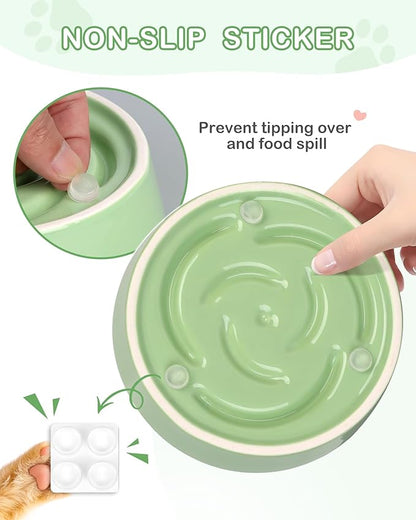 TRUVIC Ceramic Slow Feeder Dog Bowls Small Breed, 0.6 Cup Slow Feeder Cat Bowls for Fast Eaters, Ceramic Dog Food Dish no Black Chin, Puzzle Bowl for Small Dogs and Cats, Green