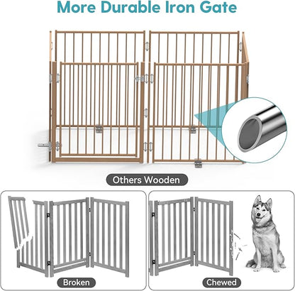 No Pawblems Free Standing Dog Gate with Door, 30'' Tall Foldable Dog Fence for Indoor & Outdoor, Up to 156" Extra Wide Puppy Gate for Stairs, Hallways, Doorways, Deck, Yard (Wood Pattern, 6 Panels)