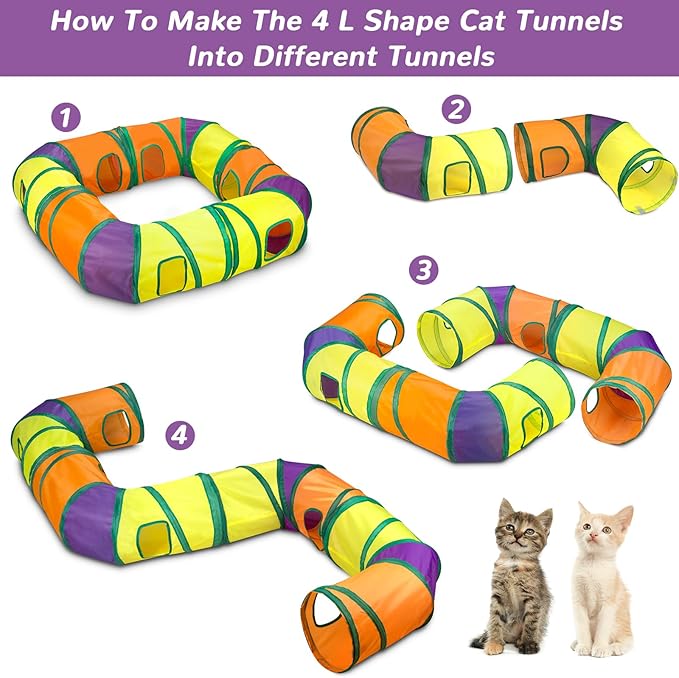 Retro Shaw 25Pcs Cat Toys with Kitten Tunnels, Interactive Kitty Toys for Indoor Cats, Large Cat Tube Tent Feather Wand Teaser Balls Bell Fuzzy Springs Mouse Crincly - Extra Longer Cats Tunnel Set