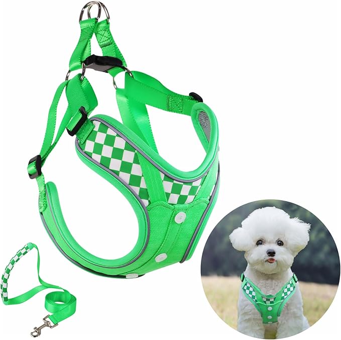 Dog Harness with Leash, Soft No Pull Adjustable Step in Reflective Strips Vest Harness for Small Medium Dogs Walking and Running (S Green)