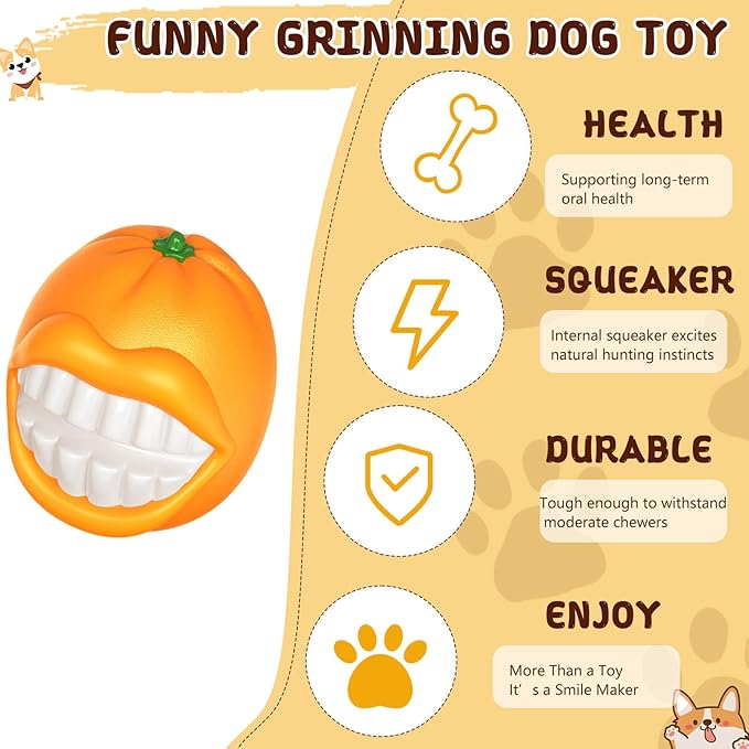 Indestructible Dog Squeaky Ball - Tough Chew Toy for Aggressive Chewers, Medium/Large Dogs Fetch Toy for Indoor, Outdoor & Water Play - Orange