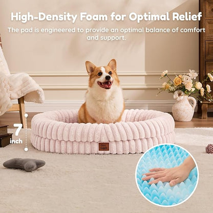 Dog Bed Large Sized Dog - Luxury Striped Faux Fur Waterproof Pet Couch with Removable Washable Cover, Orthopedic Pet Bed with Bolster Sides for Sleeping, Pink