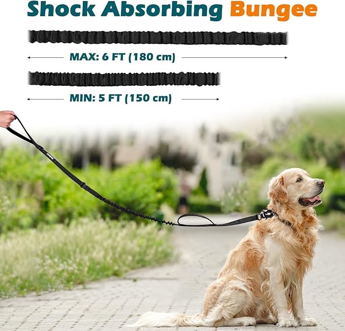 PetBonus Heavy Duty Tactical Dog Leash, 5 FT Bungee Shock Absorption Leash with 2 Padded Handles, Quick Release Metal Clip, Car Seatbelt, No Pull Training Lead for Large Medium Dogs (Black)