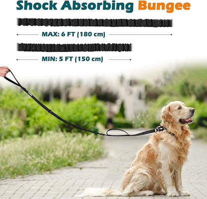 PetBonus Heavy Duty Tactical Dog Leash, 5 FT Bungee Shock Absorption Leash with 2 Padded Handles, Quick Release Metal Clip, Car Seatbelt, No Pull Training Lead for Large Medium Dogs (Black)