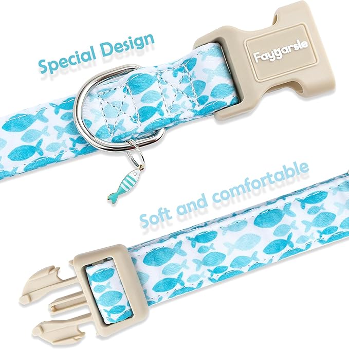 Faygarsle Fish Pattern Dog Collar, Adjustable with Buckle, Blue and White, Summer Design for Small Medium Large Dogs L