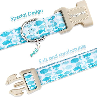 Faygarsle Fish Pattern Dog Collar, Adjustable with Buckle, Blue and White, Summer Design for Small Medium Large Dogs L