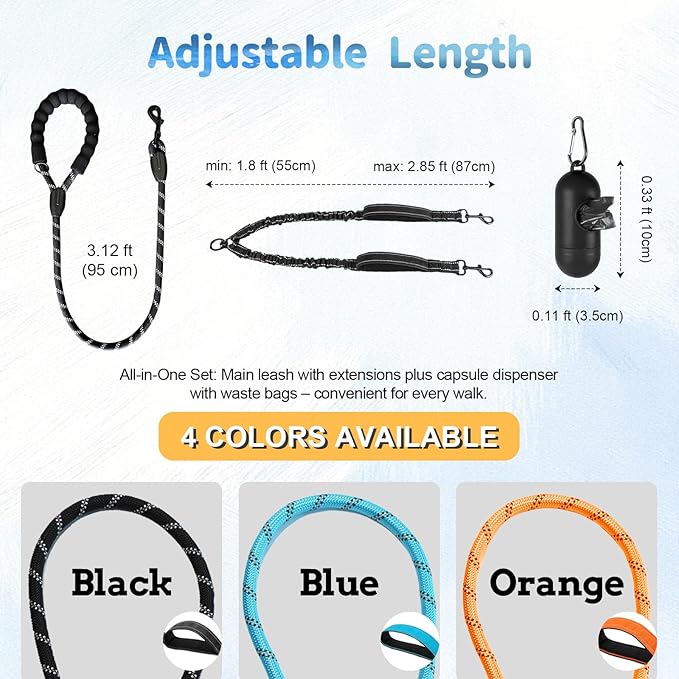 Double Dogs Leash - Removable Main Lead Rope with Splitter, No Tangle 2 Dog Coupler, Reflective No Pull Bungee, 3 Handle, D-Ring, Extra Long for Walk Train Medium Large Two Pet (Black)