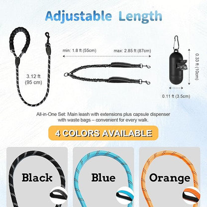 Double Dogs Leash - Removable Main Lead Rope with Splitter, No Tangle 2 Dog Coupler, Reflective No Pull Bungee, 3 Handle, D-Ring, Extra Long for Walk Train Medium Large Two Pet (Black)