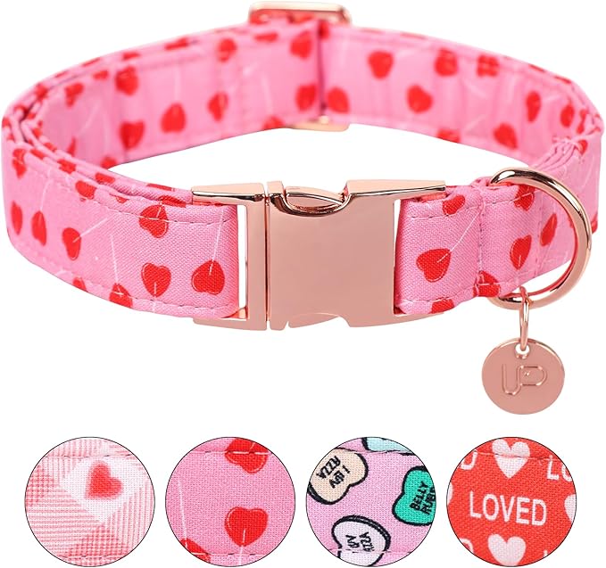 UP URARA PUP Valentine's Dog Collar, Pink Heart Pattern, Adjustable Size (10-16 inches), Premium Cotton, Sturdy Metal Buckle, Perfect for Small, Medium, Large Dogs & Cats, Valentine's Day Theme