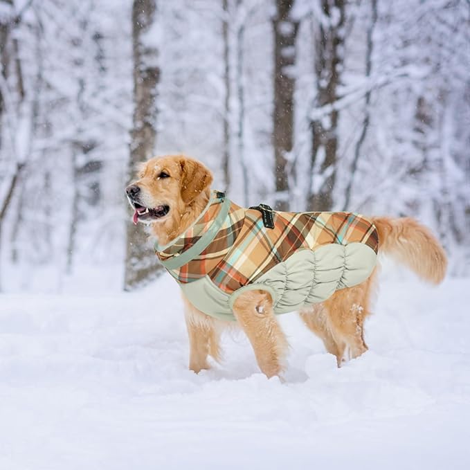 Lelepet Warm Dog Winter Coat Dog Coats for Large Dogs Waterproof Dogs Jacket with Harness Built in Reflective Cold Weather Coats Windproof Zip-Up Winter Fleece Vest Snowsuit Boxer Brown Plaid XL