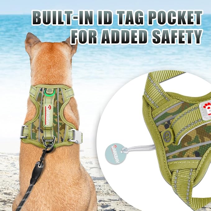 BARKBAY No Pull Dog Harness Large Reflective Dog Harness with Front Clip and Easy Control Handle for Walking Training Running with ID tag Pocket(Camo,L)