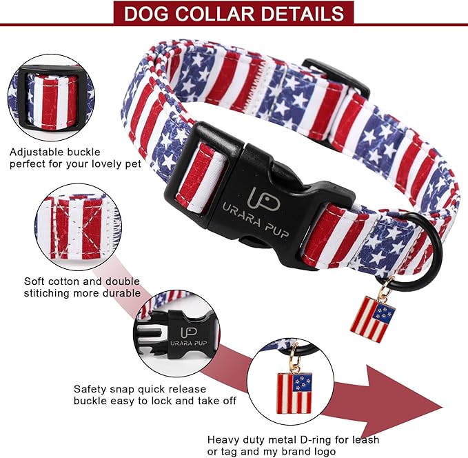 UP URARA PUP Flag Dog Collar, 4th of July Comfortable Cotton Dog Collars, American Flag Collar for Medium Girl Boy Dogs, Patriotic Collars with Quick Release