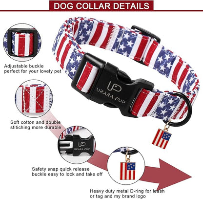 UP URARA PUP Flag Dog Collar, 4th of July Comfortable Cotton Dog Collars, American Flag Collar for Medium Girl Boy Dogs, Patriotic Collars with Quick Release