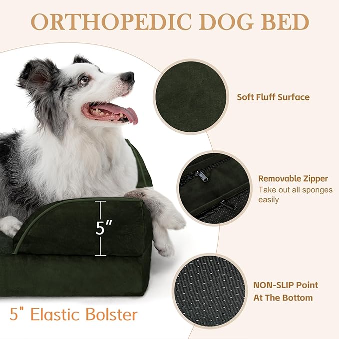 Comfort Expression Orthopedic Dog Bed for Extra Large Dogs 42x30 Inch, Waterproof Egg Crate Foam XL Pet Bed with Removable Bolsters, Dog Couch with Washable Cover & Non-Slip Bottom, Olive Green