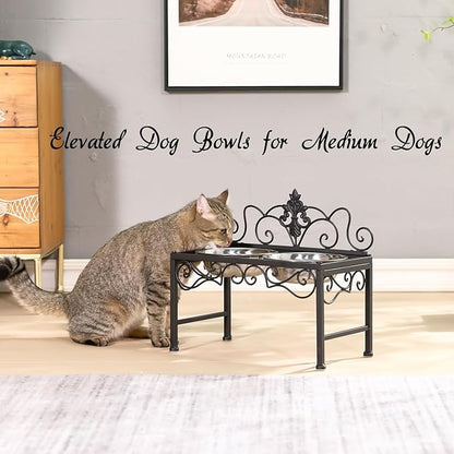 Elevated Dog Bowls for Medium Dogs, Raised Dog Bowl with Double Stainless Steel Bowls for Food and Water, Matte Black Tall Dog Bowl with Metal Stand, Perfect for Medium Large Dogs and Pets - Height 9"
