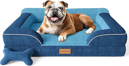 CWAWZ Dog Beds for Large Dogs, Orthopedic Dog Bed with Cooling Gel Memory Foam, Waterproof Large Pet Bed with Removable Washable Cover, 36" Pet Sofa Couch Dutch Velvet with Bone Toy, Navy Blue