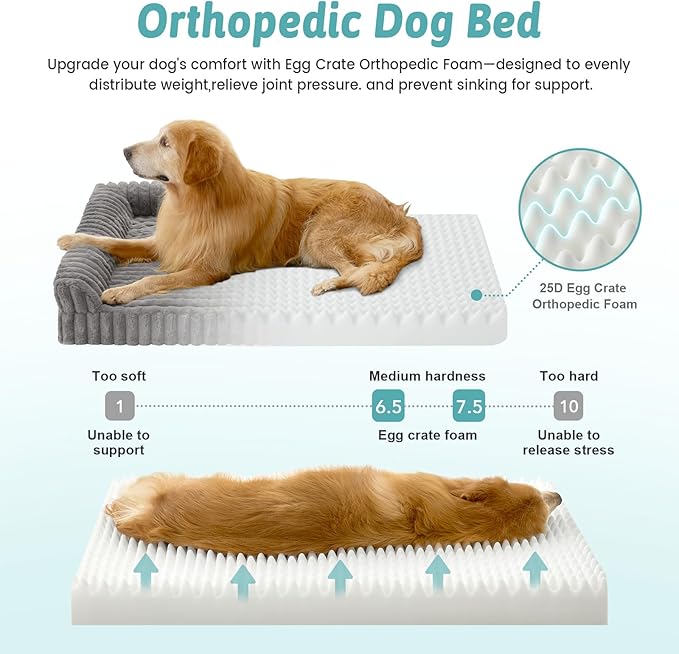 Cute Dog Bed, Faux Rabbit Fur Orthopedic Foam Dog Bed with Sides, Removable Washable Cover & Waterproof Lining, Comfortable Pet Couch for Large Dogs, Grey (44" L x 32" W x 7" Th)