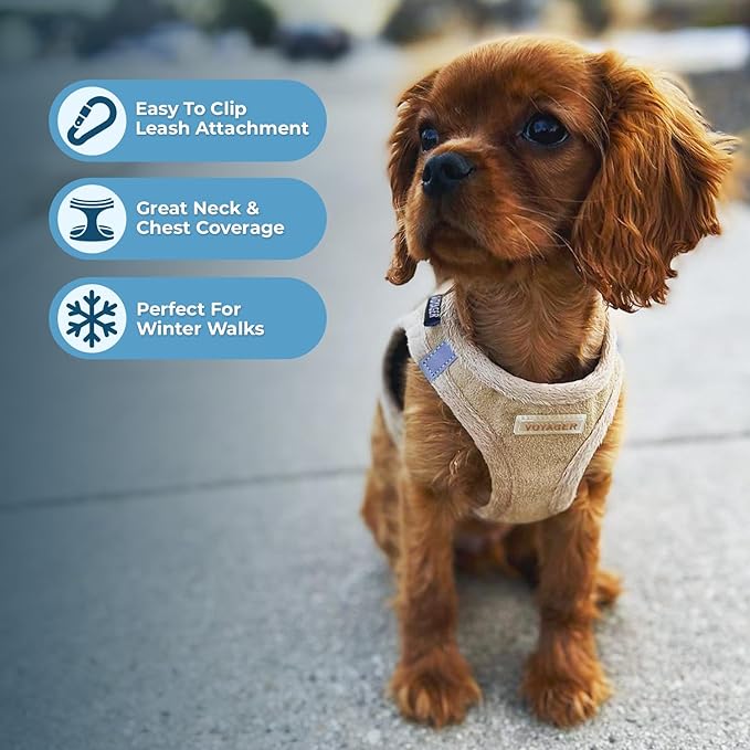 Best Pet Supplies - All Weather Plush, Reflective, No Pull Harness for Small, Medium Dogs, Cats - Secure with Hook & Loop Fastener, Buckle, Double D-Rings - Latte Suede, M