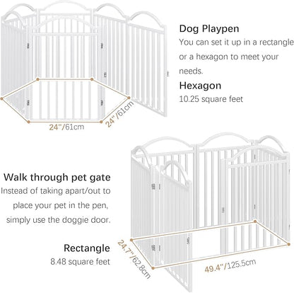 BHG Metal No-Assembly Freestanding Dog Gate with Door Walk Through, Extra Wide 144", Extra Tall 32" Pet Gate, Accordion Puppy Folding Playpen Dog Fence for Indoor & Outdoor, with 2PCS Support - White