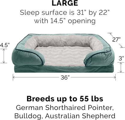 Furhaven Cooling Gel Dog Bed for Large/Medium Dogs w/ Removable Bolsters & Washable Cover, For Dogs Up to 55 lbs - Plush & Velvet Waves Perfect Comfort Sofa - Celadon Green, Large