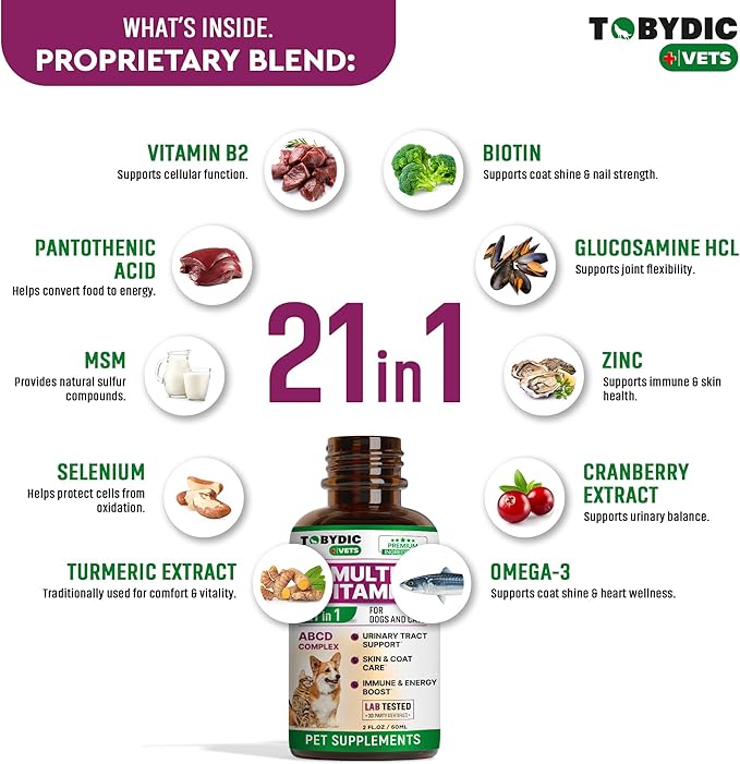 TOBYDIC Cat & Dog Multivitamin 21 in 1 Pet Supplements with Cranberry & Glucosamine - Natural Medicine & Support for UTI, Urinary Tract, Bladder, Kidney, Skin Coat, Joints Treatment Made in USA
