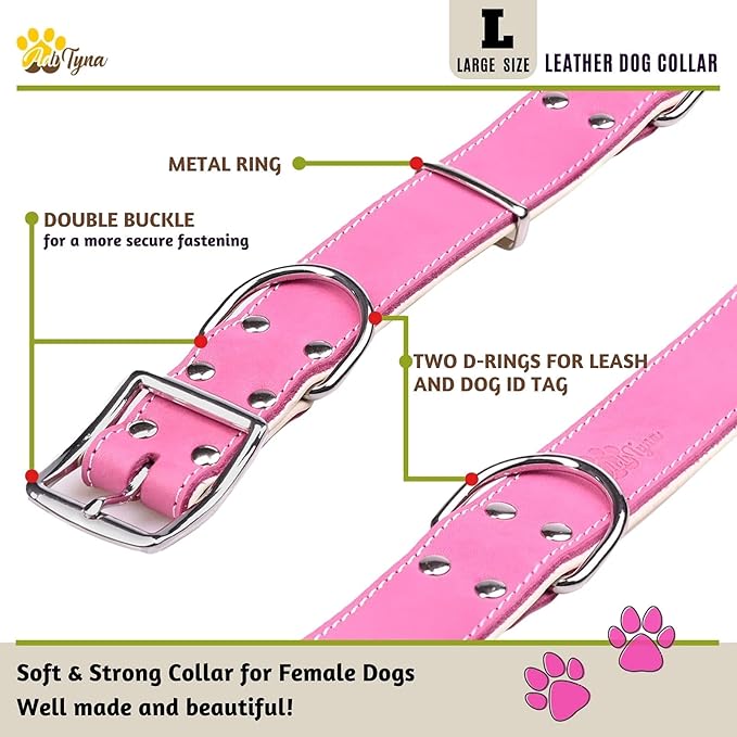 ADITYNA Heavy-Duty Pink Leather Dog Collar for Large Dogs - Lined with Soft Leather - Girl Dog Collar for Walking, Training, and Hiking
