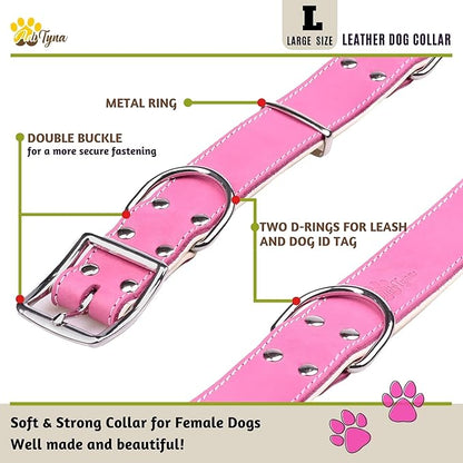 ADITYNA Heavy-Duty Pink Leather Dog Collar for Large Dogs - Lined with Soft Leather - Girl Dog Collar for Walking, Training, and Hiking