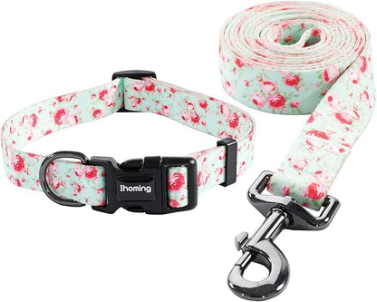 Ihoming Puppy Collar and Leash Set for Daily Outdoor Walking Running Training, Floral GreenLake Design for Extra Small Boys Girls Dogs Cats Pets, XS-Up to 10LBS