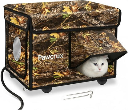 Heated Cat House for Outside with Dual Doors, Insulated Cat House Outdoor with Heating Pad, Weatherproof Heated Outdoor Cats Houses Weatherproof for Feral Cats (Leaf, 17.5" L x 12" W x 13" H)
