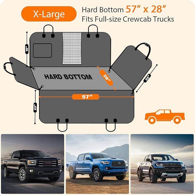URPOWER XL Dog Backseat Extender for Full-Size Crew Cab Truck - Hard Bottom PU Leather Dog Car Seat Cover for Back Seat, Dog Hammock Pet Rear Seat Protector Travel Bed for F150 / Silverado/RAM 1500