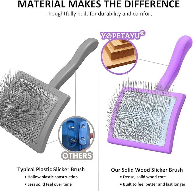 Dog Slicker Brush & Stainless Steel Comb Set for Shedding & Grooming Medium & Large Long or Thick Coated Dogs, Doodles & Cats, 1 Inch Pin Slicker Brush with Ergonomic Wooden Handle, Purple