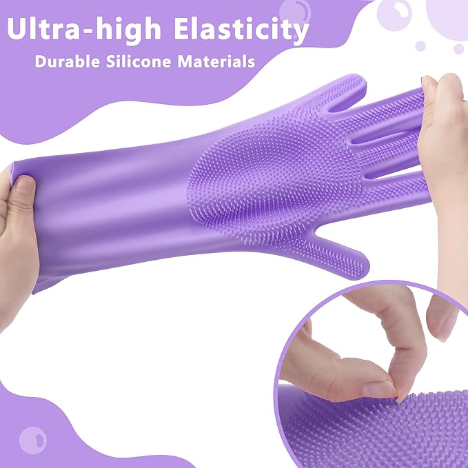 Pet Grooming Gloves—Heat Resistant Dog Washing Gloves with High-Density Teeth, Dog Bath Scrubber with Enhanced Five Finger Design, Silicone Gloves for Dogs and Cats Bathing, Massage (Purple)