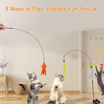 SUNSHINETOP Cat Wand Toy, Interactive Kitten Feather Toys Self Play, Cat Teaser for Indoor Cats Reusable Suction Cup Toys for Indoor Cats Kittens Play Exercise