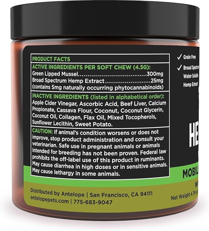 Super Snouts Hemp & Joint Chew for Dogs & Cats, 30 Chews (Up to 60 servings) – Made in USA Hip & Joint Supplement with Green Lipped Mussels, Hemp Helps Calms Joint Inflammation & Relief Joint Pain