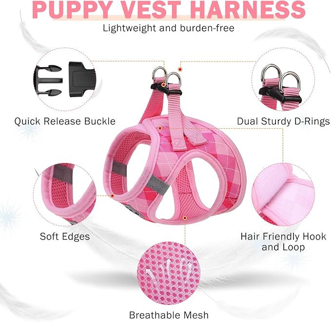 SCENEREAL Small Dog Harness and Leash Collar Set, Step in No Pull Soft Mesh Dog Harnesses for Small Medium Sized Dogs Puppy and Cats Outdoor Walking, No Chock Reflective Vest Harness, Pink Plaid XS