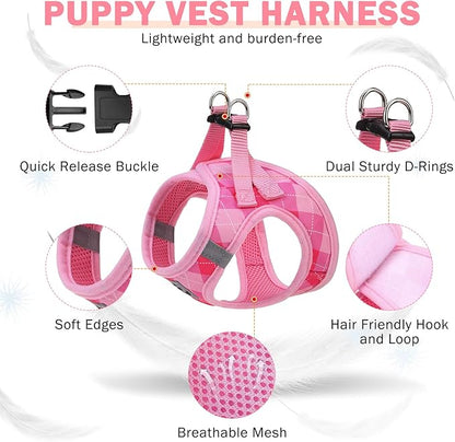 SCENEREAL Small Dog Harness and Leash Collar Set, Step in No Pull Soft Mesh Dog Harnesses for Small Medium Sized Dogs Puppy and Cats Outdoor Walking, No Chock Reflective Vest Harness, Pink Plaid M
