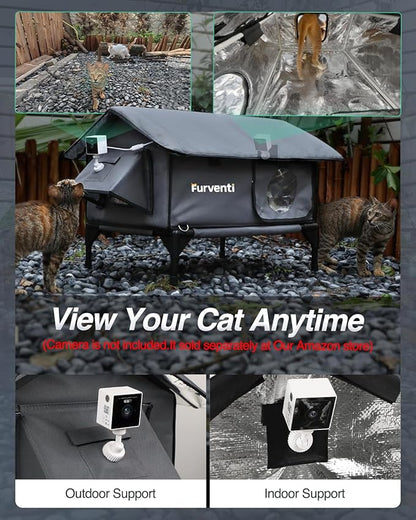 Heated Cat House for Outside,Extremely Weatherproof&Insulated in Winter,Elevated Outdoor Cat Shelter with Waterproof Eaves&Escape Door for Feral Stray Barn Cats(Dark Grey,L)