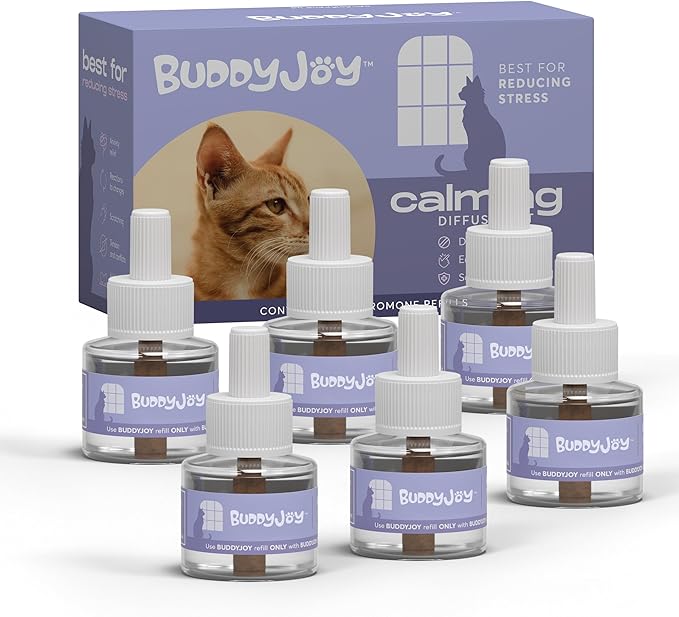 BUDDYJOY Cat Calming Diffuser Refills – Long-Lasting 30-Day Formula with Pheromones for Stress Relief, Relaxation, and Anxiety Reduction in Cats Easy to Use – (6 Refills)