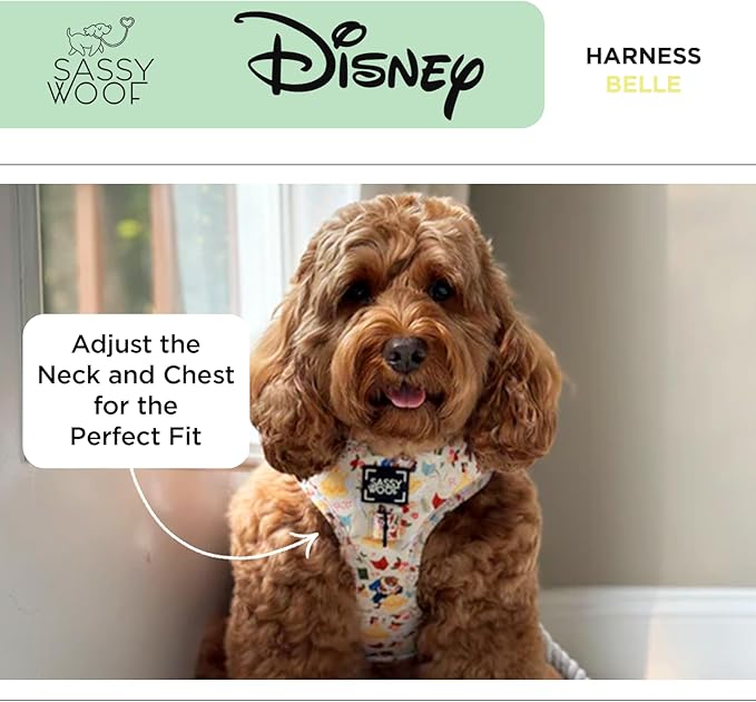 Sassy Woof Dog Adjustable Harness - Disney Princess Beauty and The Beast Belle - XS, Breathable Mesh, No Pull Design with Two D-Rings, Perfect for Medium Dogs - Officially Licensed
