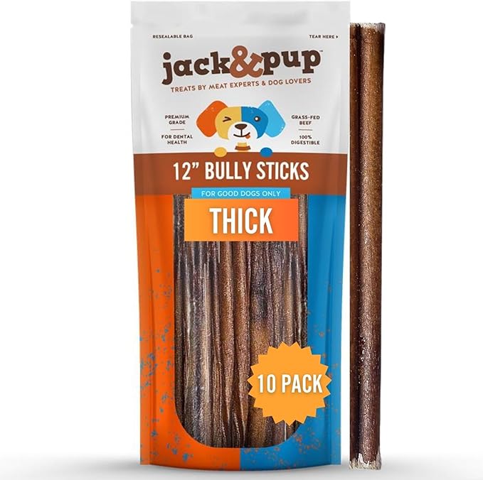 Jack&Pup 12 Inch Bully Sticks for Dogs (10 Pack) Extra Thick Dog Chews Long Lasting, Odor Free, Single Ingredient, 100% Beef Bully Sticks for Large Dogs