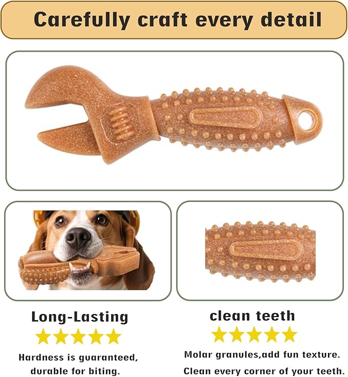 Dog Chew Toys, Aggressive chewer toy for Medium& Large dogs, Made of real pine wood and durable Food-Grade nylon, with Tool Shape Design for Dental Cleaning and Long-Lasting Chewing Fun(brown-wrench)
