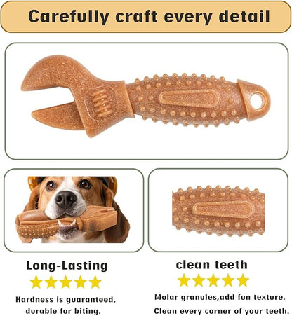 Dog Chew Toys, Aggressive chewer toy for Medium& Large dogs, Made of real pine wood and durable Food-Grade nylon, with Tool Shape Design for Dental Cleaning and Long-Lasting Chewing Fun(brown-wrench)
