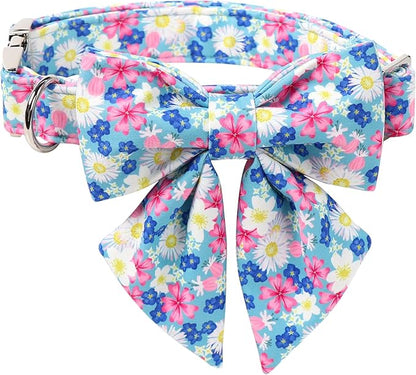 Lionet Paws Floral Dog Collar with Sailor Bow, Spring Wildflowers Daisy Forget Me Not Dog Collar Bow Tie for X-Large Dogs, Neck 16-26 inches