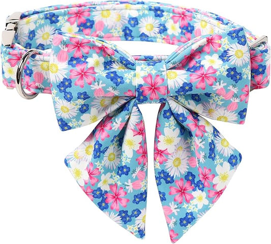 Lionet Paws Floral Dog Collar with Sailor Bow, Spring Wildflowers Daisy Forget Me Not Dog Collar Bow Tie for X-Large Dogs, Neck 16-26 inches