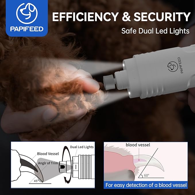 PAPIFFEED Dog Nail Grinder – Quiet Electric Nail Trimmer with Dual LED Light, Safe for Black & Thick Nails, Rechargeable for Small Medium Large Dogs & Cats (White)