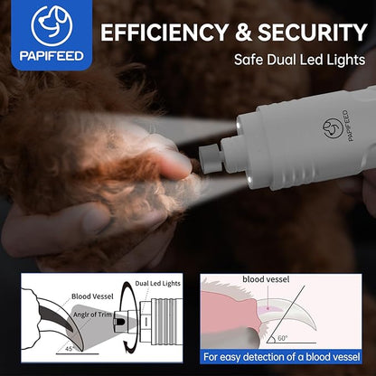 PAPIFFEED Dog Nail Grinder – Quiet Electric Nail Trimmer with Dual LED Light, Safe for Black & Thick Nails, Rechargeable for Small Medium Large Dogs & Cats (White)