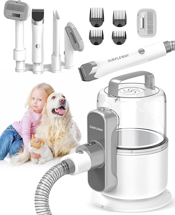 Simple Way Dog Vacuum Grooming Kit for Shedding: Professional Hair Clippers Pet Groomer - Strong Suction Cleaner Deshedding Tool Fur Brush Attachment Trimmer for Home Cat (Pale White)