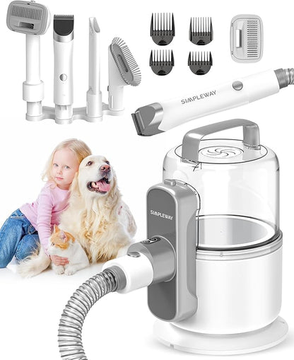 Simple Way Dog Vacuum Grooming Kit for Shedding: Professional Hair Clippers Pet Groomer - Strong Suction Cleaner Deshedding Tool Fur Brush Attachment Trimmer for Home Cat (Pale White)